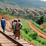 **

A bustling construction site in Rwanda with a partially completed railway track stretching into the distance. Focus on the local workers actively participating in the construction, showcasing their enthusiasm and hope. Include elements of the Rwandan landscape in the background, such as rolling hills and lush greenery. The scene should convey a sense of progress and development.

**