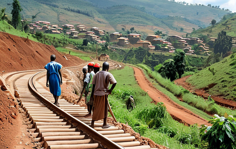 **

A bustling construction site in Rwanda with a partially completed railway track stretching into the distance. Focus on the local workers actively participating in the construction, showcasing their enthusiasm and hope. Include elements of the Rwandan landscape in the background, such as rolling hills and lush greenery. The scene should convey a sense of progress and development.

**