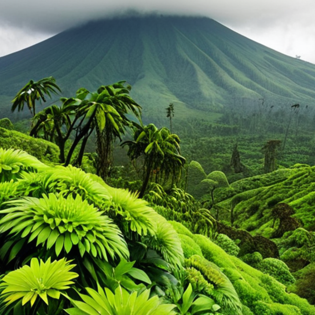 **Prompt:** Lush, green slopes of Volcanoes National Park, Rwanda, with mist-shrouded volcanoes in the background. Focus on the vibrant flora and the sense of a mystical, untouched landscape.