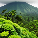 **Prompt:** Lush, green slopes of Volcanoes National Park, Rwanda, with mist-shrouded volcanoes in the background. Focus on the vibrant flora and the sense of a mystical, untouched landscape.
