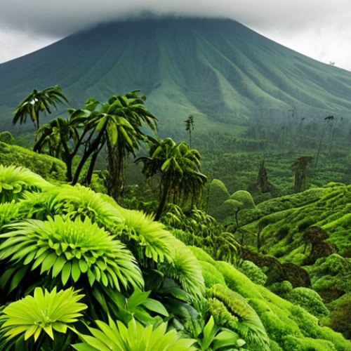 **Prompt:** Lush, green slopes of Volcanoes National Park, Rwanda, with mist-shrouded volcanoes in the background. Focus on the vibrant flora and the sense of a mystical, untouched landscape.