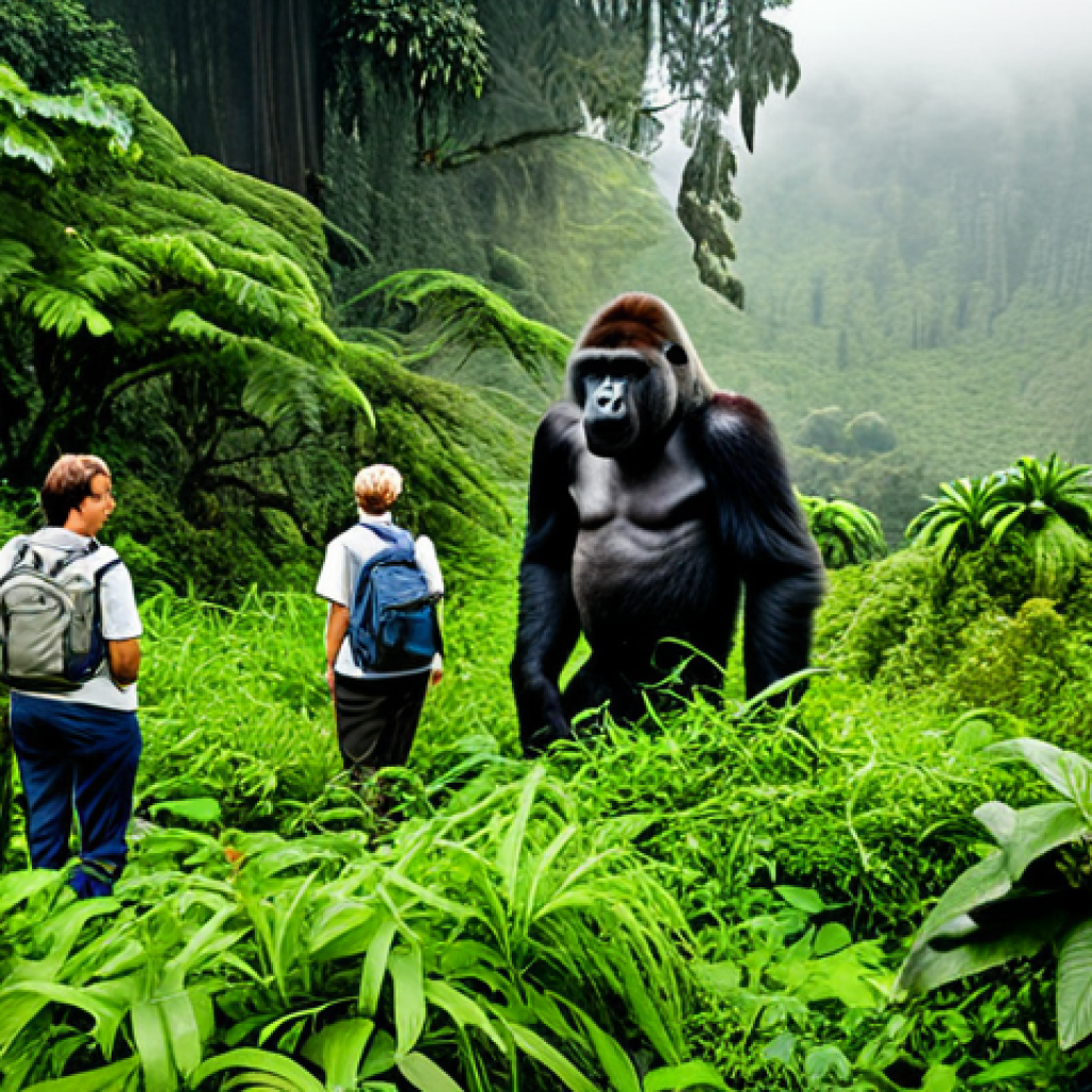 A diverse group of professional tourists in fully clothed, modest outdoor adventure wear, respectfully observing a majestic mountain gorilla family in a lush, misty rainforest. The scene captures the gorillas in a natural pose, with awe and admiration on the tourists' faces. Dense green foliage fills the background, emphasizing the natural habitat. High-resolution, professional nature photography with crisp details and natural lighting. fully clothed, modest clothing, appropriate attire, professional dress, perfect anatomy, correct proportions, natural pose, well-formed hands, proper finger count, safe for work, appropriate content, family-friendly.