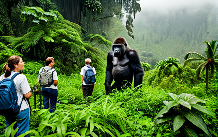 A diverse group of professional tourists in fully clothed, modest outdoor adventure wear, respectfully observing a majestic mountain gorilla family in a lush, misty rainforest. The scene captures the gorillas in a natural pose, with awe and admiration on the tourists' faces. Dense green foliage fills the background, emphasizing the natural habitat. High-resolution, professional nature photography with crisp details and natural lighting. fully clothed, modest clothing, appropriate attire, professional dress, perfect anatomy, correct proportions, natural pose, well-formed hands, proper finger count, safe for work, appropriate content, family-friendly.