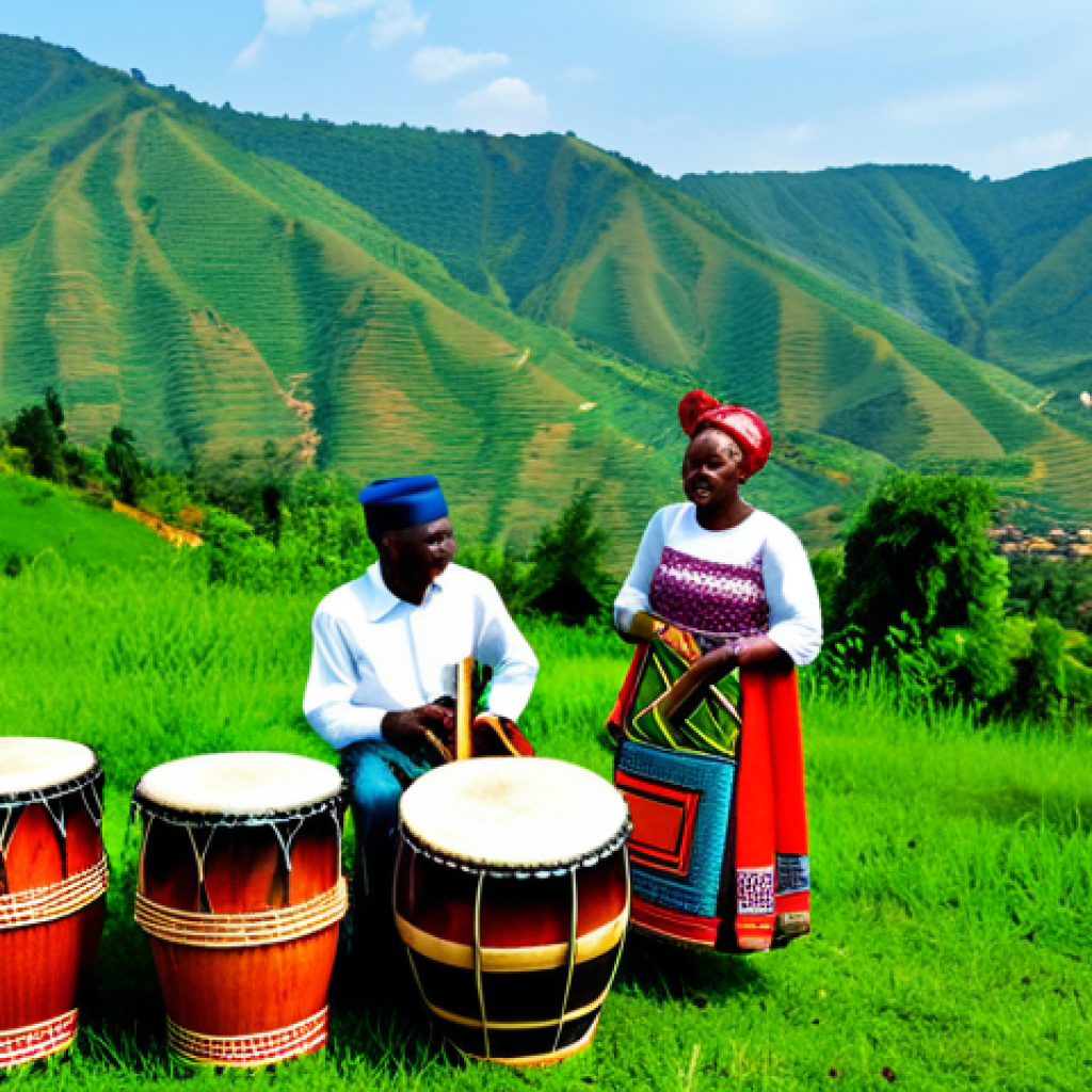 **

"A vibrant Rwandan wedding celebration. Guests are fully clothed in colorful Imigongo patterned attire, modest and appropriate clothing. Traditional drums are being played. Background features lush green hills and a clear blue sky. Perfect anatomy, correct proportions, natural pose. Safe for work, appropriate content, fully clothed, family-friendly, professional quality photography, high resolution."

**