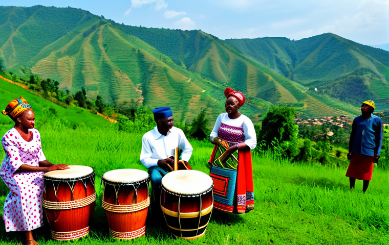 **

"A vibrant Rwandan wedding celebration. Guests are fully clothed in colorful Imigongo patterned attire, modest and appropriate clothing. Traditional drums are being played. Background features lush green hills and a clear blue sky. Perfect anatomy, correct proportions, natural pose. Safe for work, appropriate content, fully clothed, family-friendly, professional quality photography, high resolution."

**