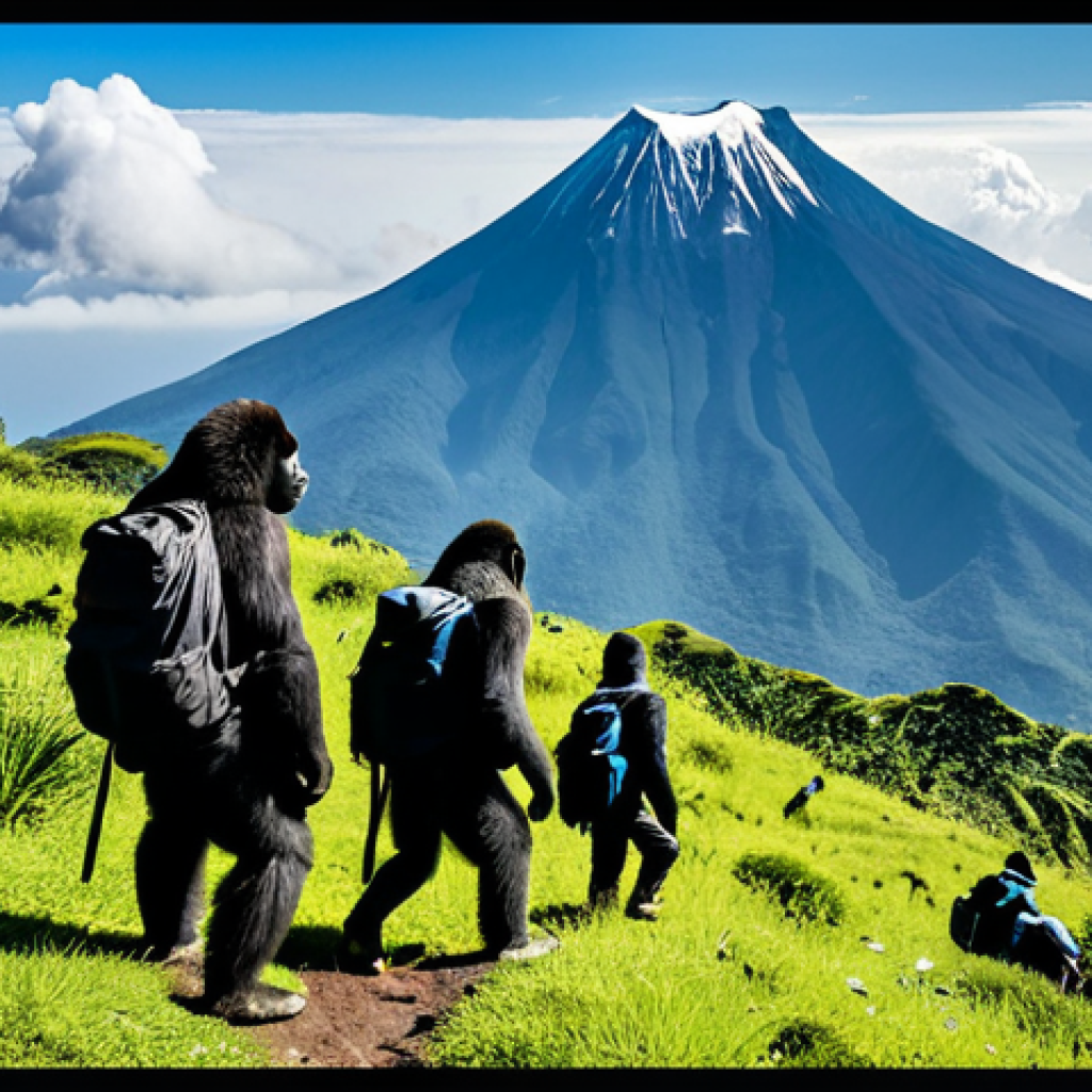 Karisimbi Mountain Scene**

"A majestic view of Mount Karisimbi, the highest peak in the Virunga Mountains, partially covered in snow, under a clear blue sky. Lush green slopes lead up to the rocky summit. In the foreground, a group of fully clothed hikers with backpacks, appropriate attire, are observing a family of mountain gorillas in their natural habitat. Perfect anatomy, correct proportions, natural pose, safe for work, appropriate content, professional photography, high quality."

**