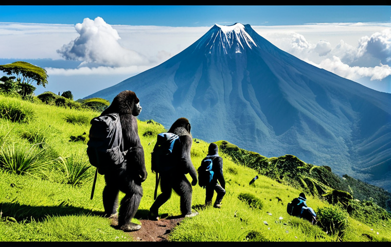 Karisimbi Mountain Scene**

"A majestic view of Mount Karisimbi, the highest peak in the Virunga Mountains, partially covered in snow, under a clear blue sky. Lush green slopes lead up to the rocky summit. In the foreground, a group of fully clothed hikers with backpacks, appropriate attire, are observing a family of mountain gorillas in their natural habitat. Perfect anatomy, correct proportions, natural pose, safe for work, appropriate content, professional photography, high quality."

**
