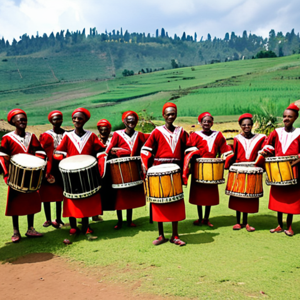 Rwandan Traditional Music and Dance**

"A group of Rwandan dancers in vibrant, fully clothed traditional attire performing a lively dance with drums, set against the backdrop of a traditional Rwandan village, appropriate content, safe for work, perfect anatomy, correct proportions, well-formed hands, professional photography, family-friendly."

**