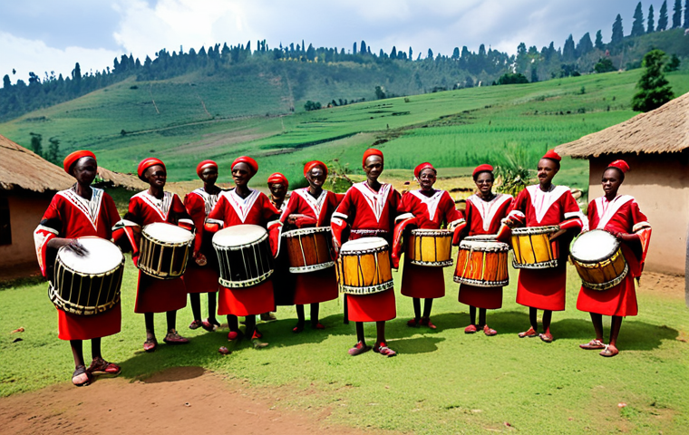 Rwandan Traditional Music and Dance**

"A group of Rwandan dancers in vibrant, fully clothed traditional attire performing a lively dance with drums, set against the backdrop of a traditional Rwandan village, appropriate content, safe for work, perfect anatomy, correct proportions, well-formed hands, professional photography, family-friendly."

**