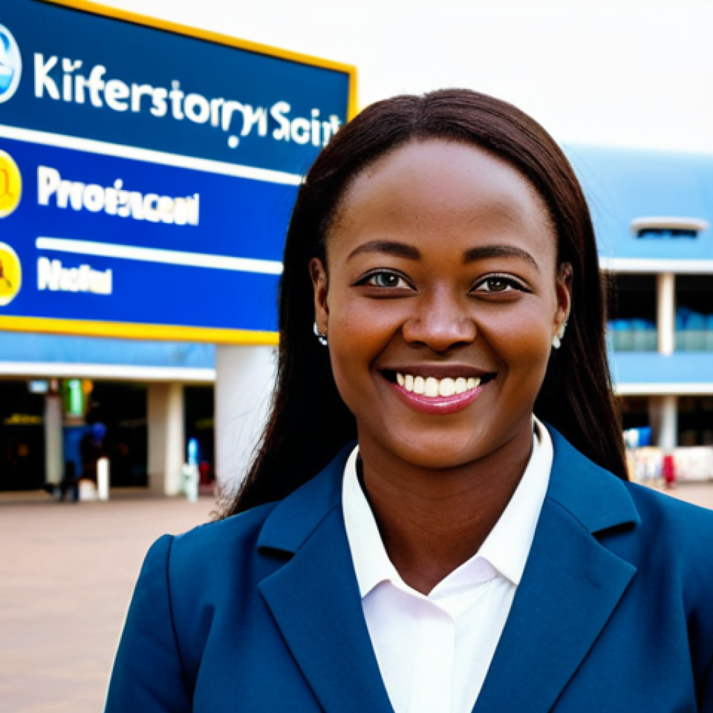 **

"A professional businesswoman in a modest business suit, standing in front of the Kigali International Airport terminal. She is smiling confidently. Background includes airport signage and other travelers. Fully clothed, appropriate attire, safe for work, perfect anatomy, natural proportions, professional photography, high quality, family-friendly."

**