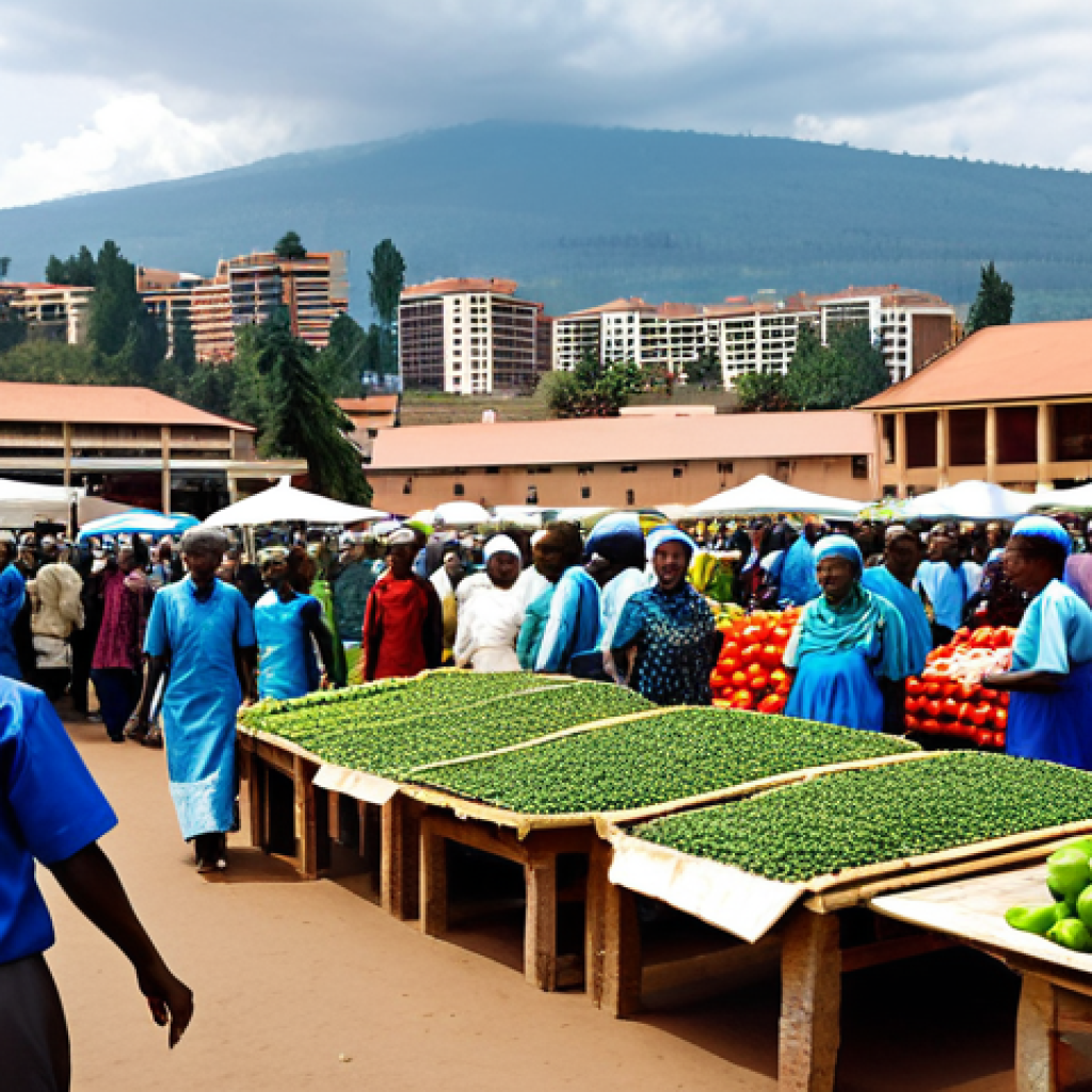 Rwanda's Economic Growth**
"A bustling market scene in Kigali, Rwanda, showcasing local crafts and agricultural products (coffee, tea). Modern buildings are visible in the background. People are fully clothed in professional and modest attire, engaging in trade and commerce. The scene represents economic growth and international trade agreements. Safe for work, appropriate content, perfect anatomy, natural proportions, professional photography, high quality."
**