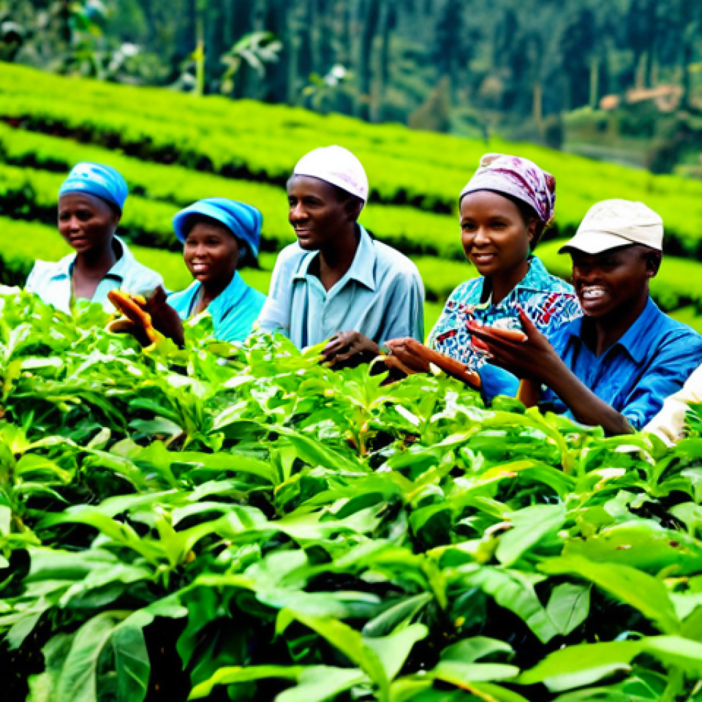 **

"A group of Rwandan farmers, men and women, fully clothed in appropriate farming attire, working together in a lush green coffee field, demonstrating modern sustainable farming techniques, safe for work, professional, family-friendly, perfect anatomy, correct proportions, natural pose, well-formed hands, proper finger count, natural body proportions, bright daylight, high-quality photography."

**