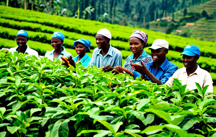 **

"A group of Rwandan farmers, men and women, fully clothed in appropriate farming attire, working together in a lush green coffee field, demonstrating modern sustainable farming techniques, safe for work, professional, family-friendly, perfect anatomy, correct proportions, natural pose, well-formed hands, proper finger count, natural body proportions, bright daylight, high-quality photography."

**