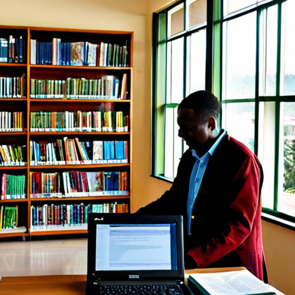 Kigali Public Library**

A bright and inviting interior of the Kigali Public Library, filled with students and researchers in modest clothing studying diligently. Bookshelves are stocked with a variety of titles. Sunlight streams through large windows. In the background, a librarian assists a patron. Include computers for public use. perfect anatomy, natural proportions, well-formed hands, proper finger count, professional photography, high quality, safe for work, appropriate content, fully clothed, family-friendly.

**