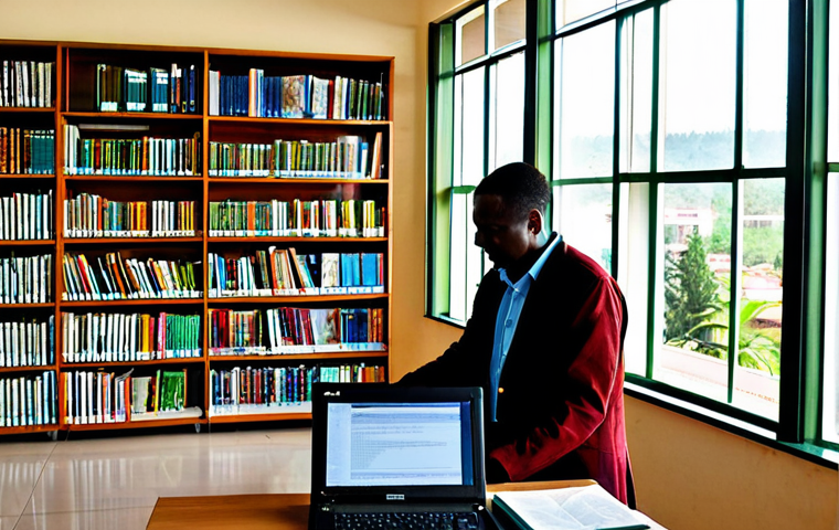Kigali Public Library**

A bright and inviting interior of the Kigali Public Library, filled with students and researchers in modest clothing studying diligently. Bookshelves are stocked with a variety of titles. Sunlight streams through large windows. In the background, a librarian assists a patron. Include computers for public use. perfect anatomy, natural proportions, well-formed hands, proper finger count, professional photography, high quality, safe for work, appropriate content, fully clothed, family-friendly.

**