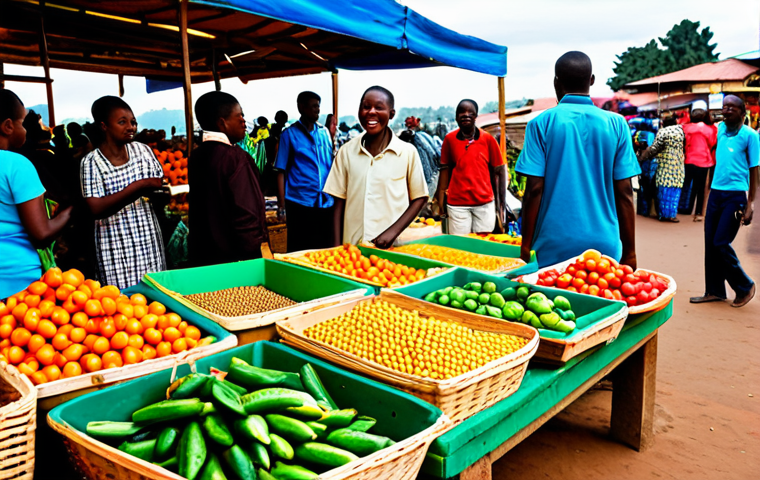 르완다에서의 로컬 투어 - **Vibrant Rwandan Market Scene:** A bustling marketplace in Kigali, Rwanda. Focus on the colorful di...