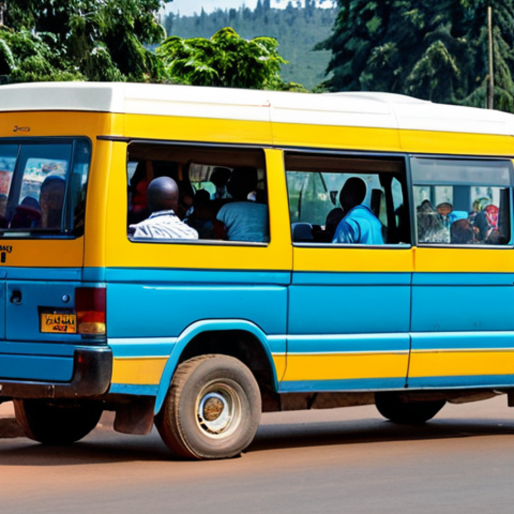 르완다의 대중 교통 노선 - Kigali Minibus Street Scene**

"A colorful minibus driving through a bustling street in Kigali, Rwan...