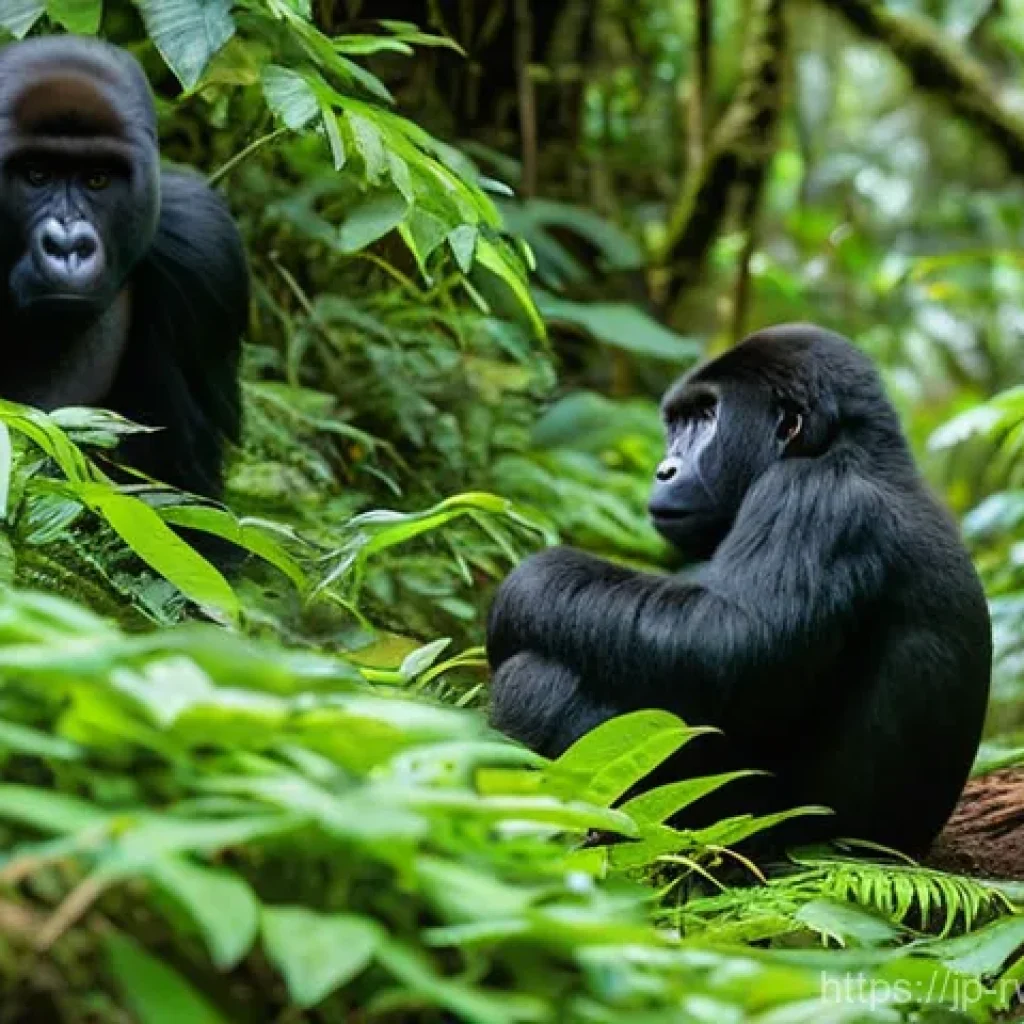 르완다의 국경 절차 - A serene and majestic scene in a lush, green Rwandan rainforest. A small group of diverse travelers,...