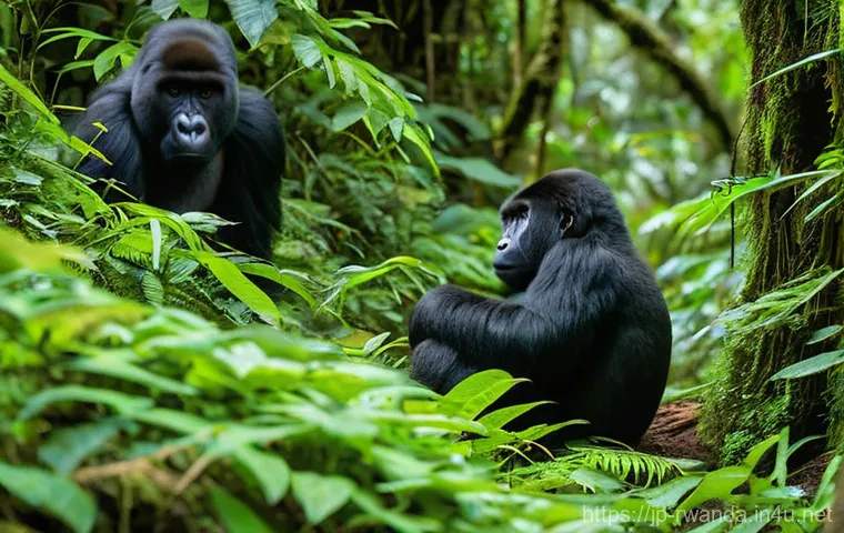 르완다의 국경 절차 - A serene and majestic scene in a lush, green Rwandan rainforest. A small group of diverse travelers,...