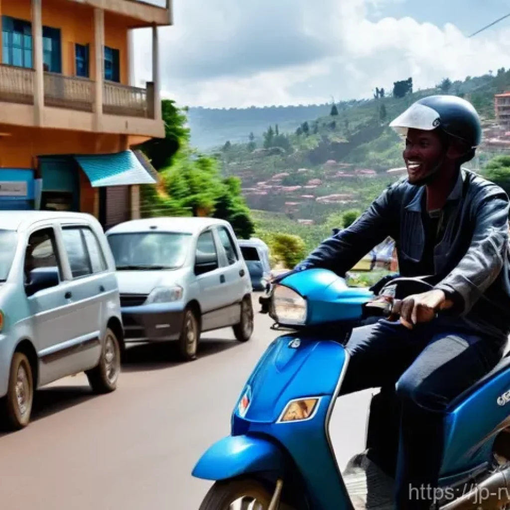 르완다에서의 대중교통 이용법 - **Vibrant Kigali Moto-Taxi Scene (Daytime)**
    A dynamic, medium shot capturing a traveler riding ...