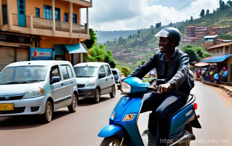 르완다에서의 대중교통 이용법 - **Vibrant Kigali Moto-Taxi Scene (Daytime)**
    A dynamic, medium shot capturing a traveler riding ...
