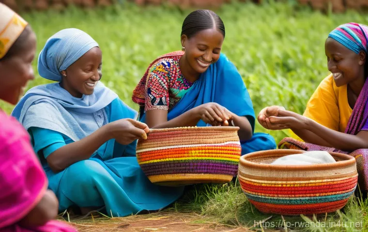 르완다의 역사적 사건 - Prompt 1: Rwandan Women Weaving "Peace Baskets" in a Community Setting**