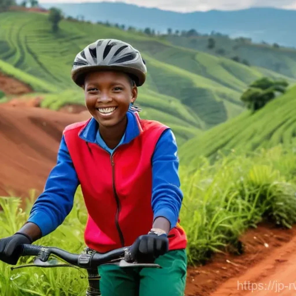 르완다에서 자전거 투어 - **Prompt: "A female travel influencer, in her late 20s, with a warm smile, is cycling on a sturdy mo...