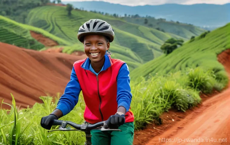 르완다에서 자전거 투어 - **Prompt: "A female travel influencer, in her late 20s, with a warm smile, is cycling on a sturdy mo...