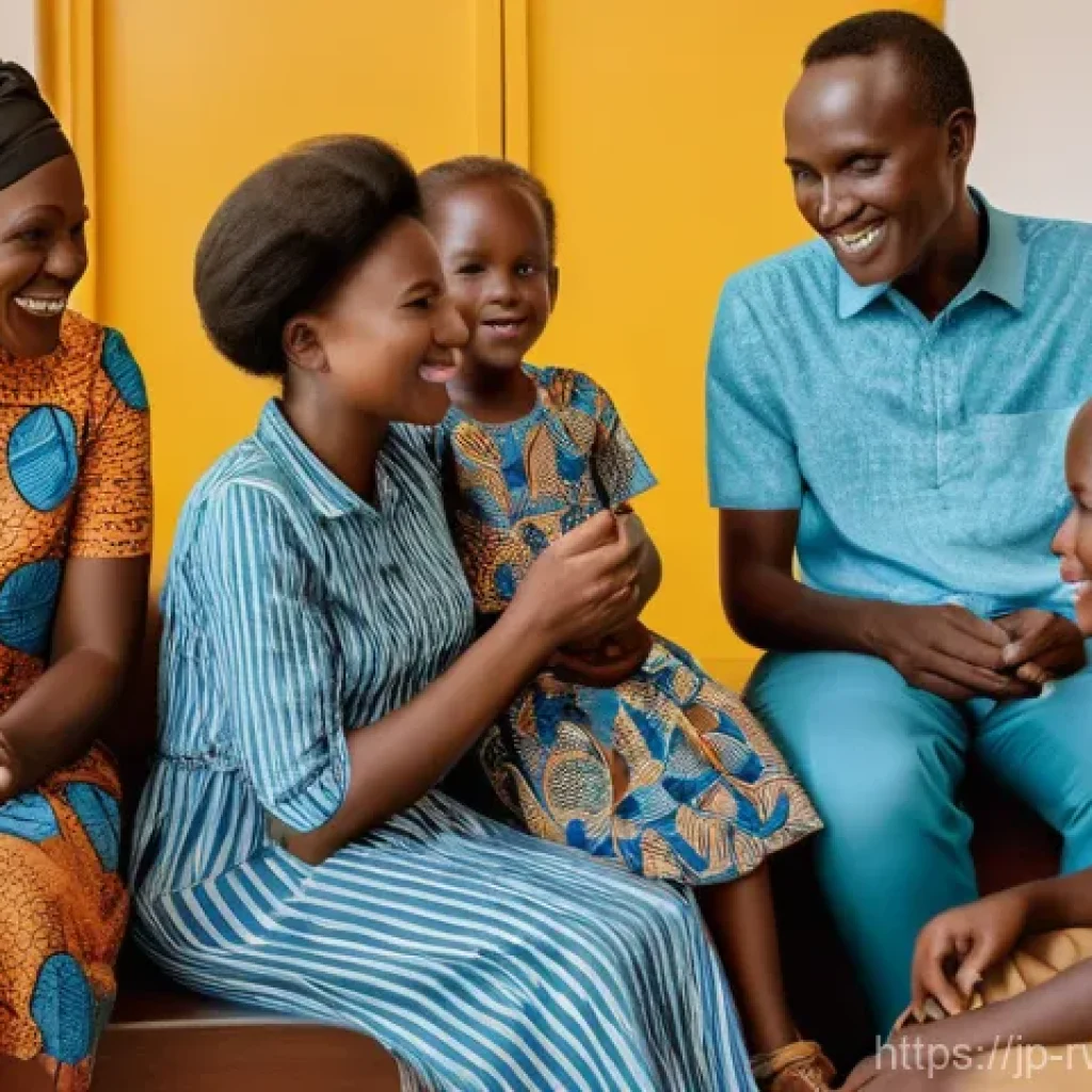 르완다의 공공 서비스 - A vibrant, optimistic scene in a modern Rwandan community center. A diverse group of Rwandan citizen...