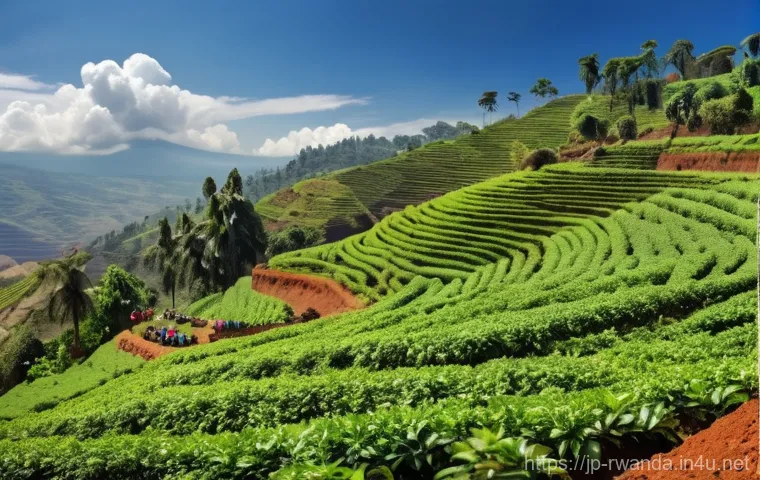 르완다 커피 생산지 투어 - A breathtaking panoramic view of Rwanda's "Land of a Thousand Hills." Lush, verdant coffee plantatio...
