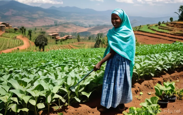 르완다 농업 현황 - **Prompt: "Resilient Rwandan Farmer with Solar Irrigation"**
    A wide-angle, naturalistic photogra...