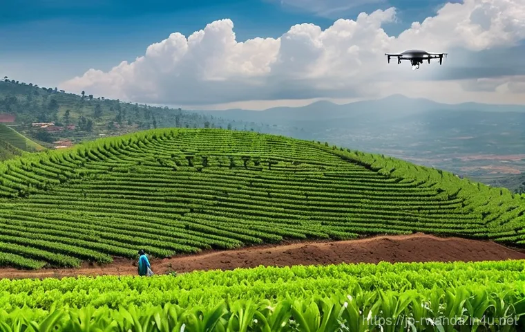 르완다 농업 현황 - **Prompt: "Resilient Rwandan Farmer with Solar Irrigation"**
    A wide-angle, naturalistic photogra...