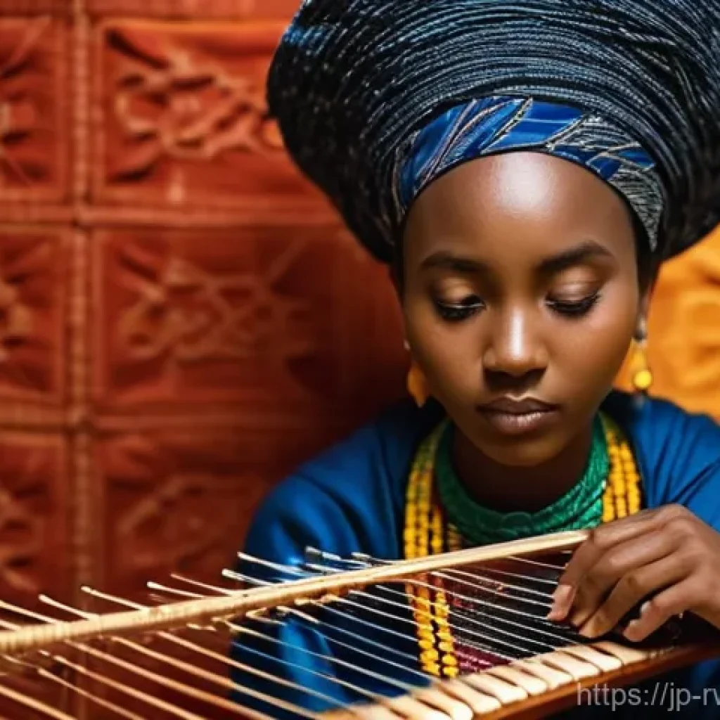 르완다 민속 음악의 현대적 해석 - **"A vibrant, close-up portrait of a young Rwandan female artist, elegantly dressed in a modern inte...