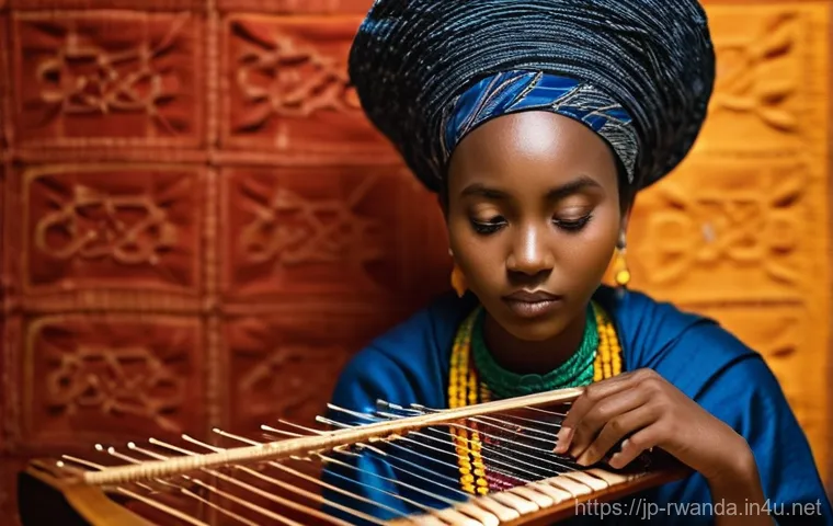 르완다 민속 음악의 현대적 해석 - **"A vibrant, close-up portrait of a young Rwandan female artist, elegantly dressed in a modern inte...