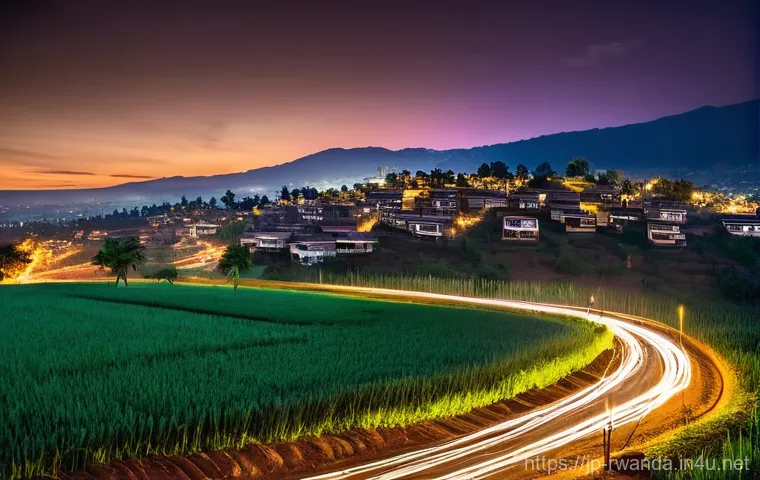 르완다의 전력 공급 현황 - **Prompt 1: Contrasting Rwandan Nights – Urban Brilliance and Rural Resilience**
    "An aerial, spl...