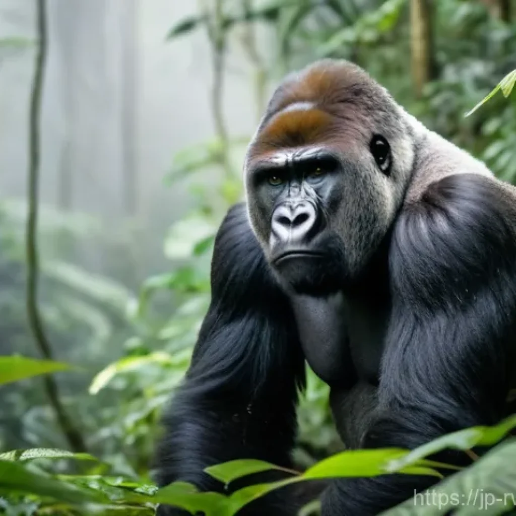 르완다의 주요 관광 명소 리뷰 - A majestic silverback mountain gorilla, with a calm and gentle expression, is peacefully eating lush...