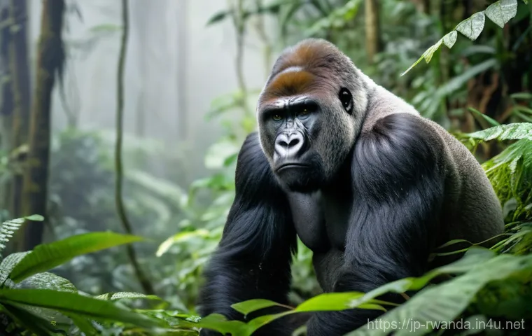 르완다의 주요 관광 명소 리뷰 - A majestic silverback mountain gorilla, with a calm and gentle expression, is peacefully eating lush...