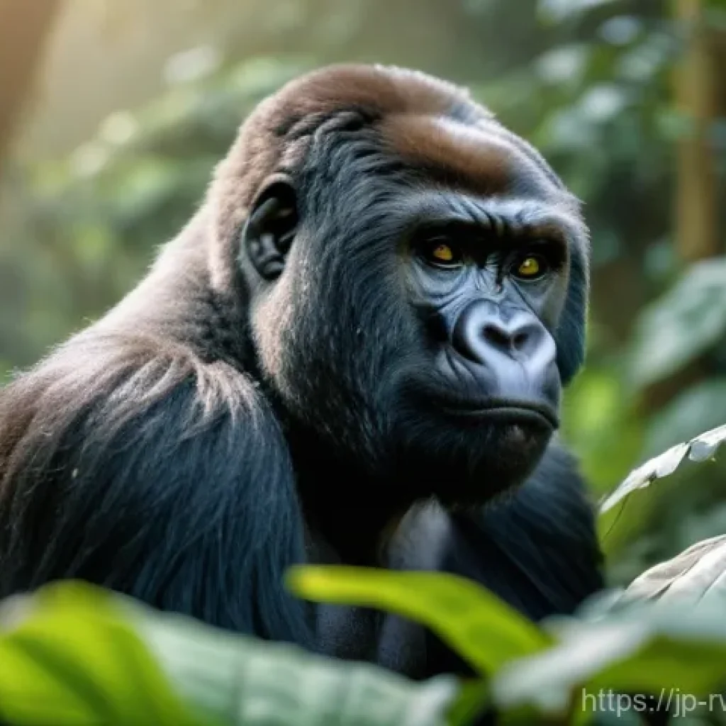 르완다의 주요 리조트 - **A majestic mountain gorilla sits peacefully amidst the dense, misty emerald rainforest of Rwanda's...