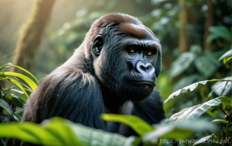 르완다의 주요 리조트 - **A majestic mountain gorilla sits peacefully amidst the dense, misty emerald rainforest of Rwanda's...