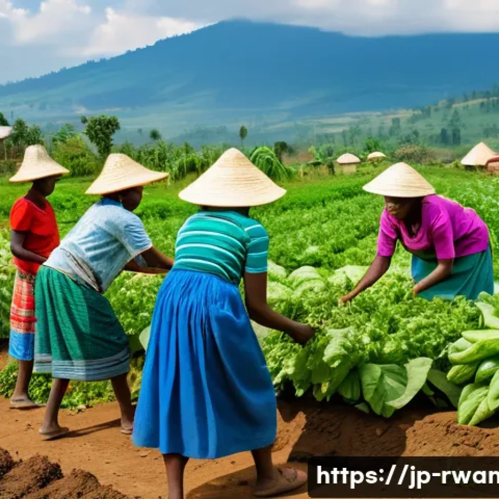 르완다에서의 유기농 생활 - A vibrant rural Rwandan organic farm scene showing a group of small-scale farmers, including women a...