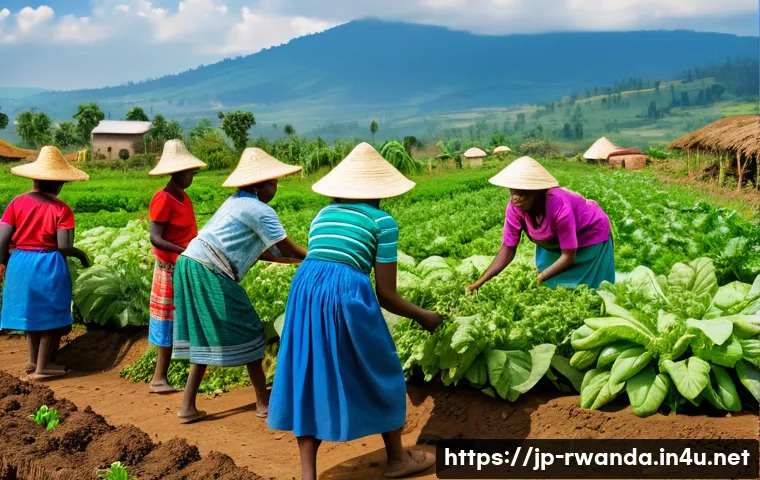 르완다에서의 유기농 생활 - A vibrant rural Rwandan organic farm scene showing a group of small-scale farmers, including women a...