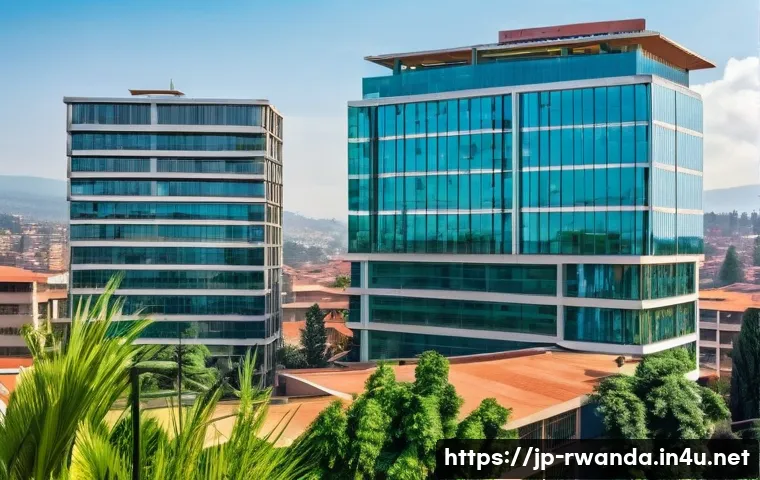 르완다의 주요 경제 지역 - A vibrant urban scene in Kigali, Rwanda, showcasing a bustling modern city center with sleek skyscra...