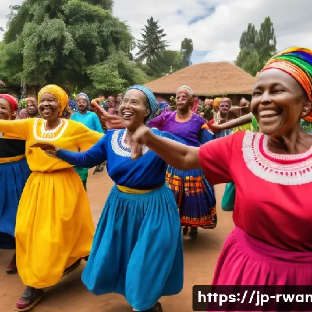 르완다 민속 춤의 건강 효과 - A vibrant scene of a traditional Rwandan folk dance performance featuring a diverse group of adults ...