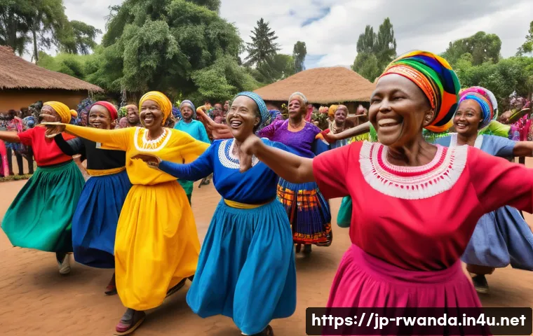 르완다 민속 춤의 건강 효과 - A vibrant scene of a traditional Rwandan folk dance performance featuring a diverse group of adults ...