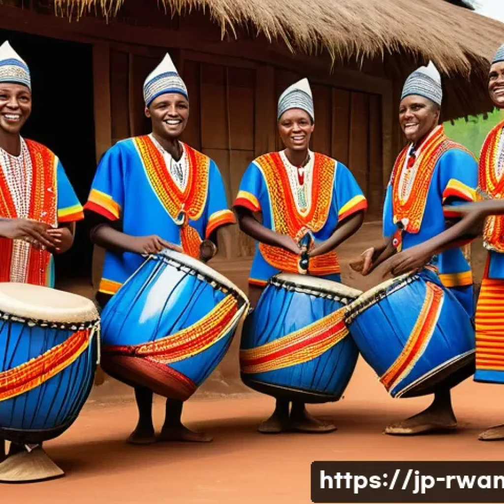 르완다 민속 음악과 춤의 결합 사례 - A vibrant traditional Rwandan Imbaga drumming ceremony featuring a group of drummers dressed in colo...
