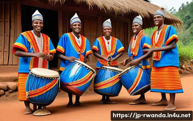 르완다 민속 음악과 춤의 결합 사례 - A vibrant traditional Rwandan Imbaga drumming ceremony featuring a group of drummers dressed in colo...