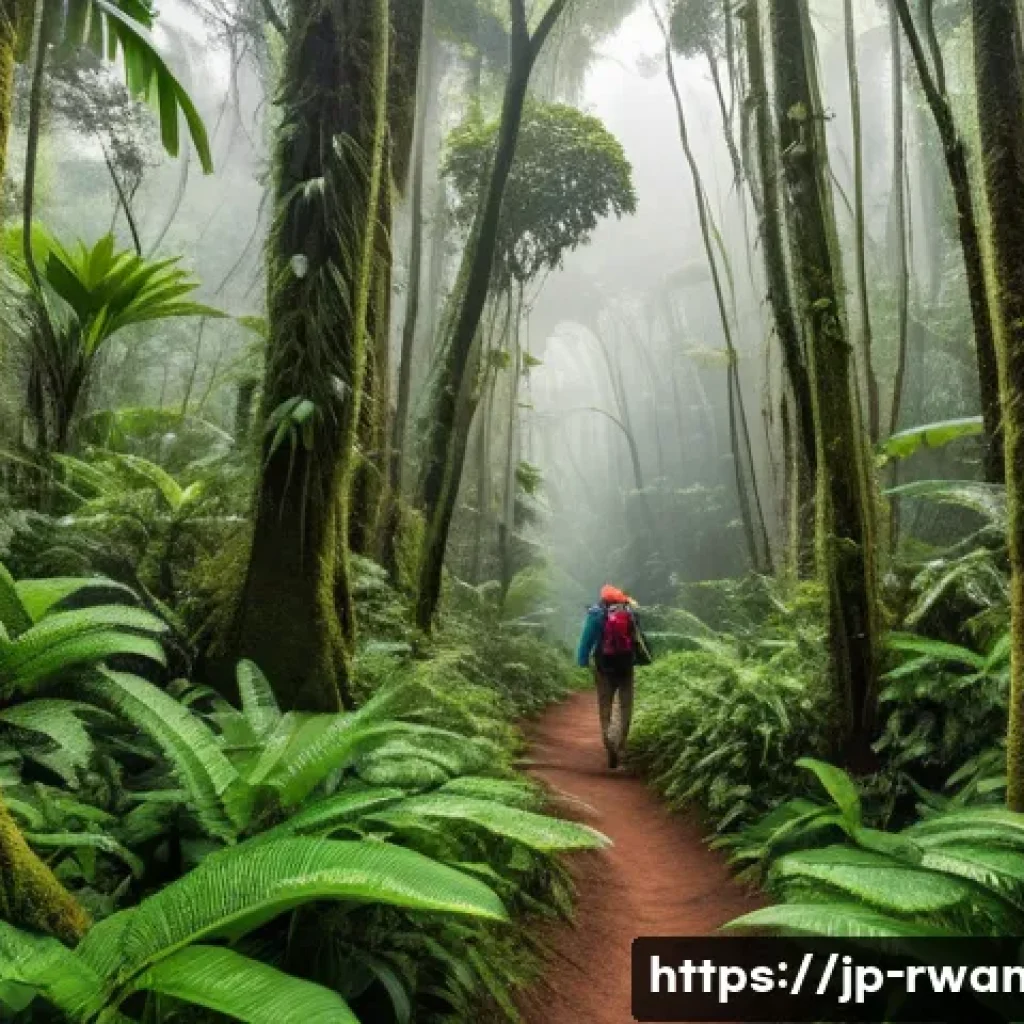 르완다의 주요 생태 관광 코스 - A serene tropical rainforest scene in Rwanda featuring lush green foliage, towering trees with detai...