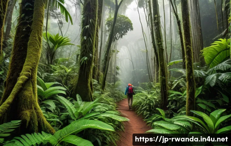 르완다의 주요 생태 관광 코스 - A serene tropical rainforest scene in Rwanda featuring lush green foliage, towering trees with detai...