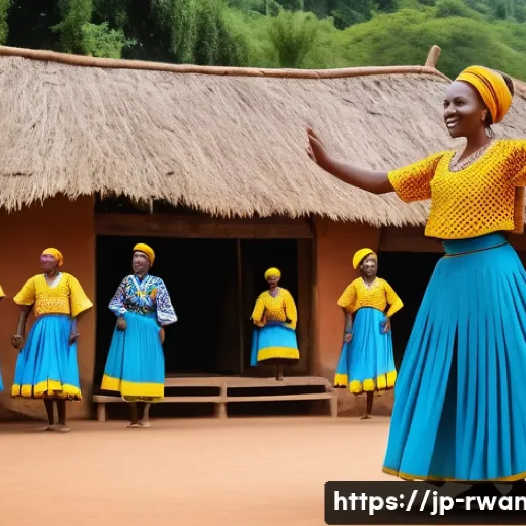 르완다에서의 문화교류 경험 - A vibrant traditional Rwandan dance scene featuring dancers in colorful, intricately patterned cloth...