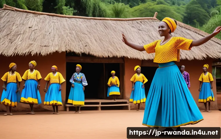 르완다에서의 문화교류 경험 - A vibrant traditional Rwandan dance scene featuring dancers in colorful, intricately patterned cloth...